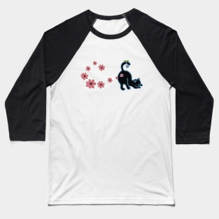 Black cat with pink flowers Baseball T-Shirt